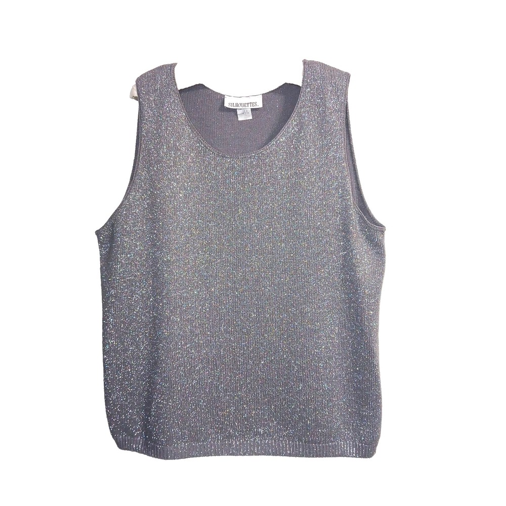 Silhouettes Women Metallic Sweater Knit Tank Top 1X Silver Weave Festive Holiday